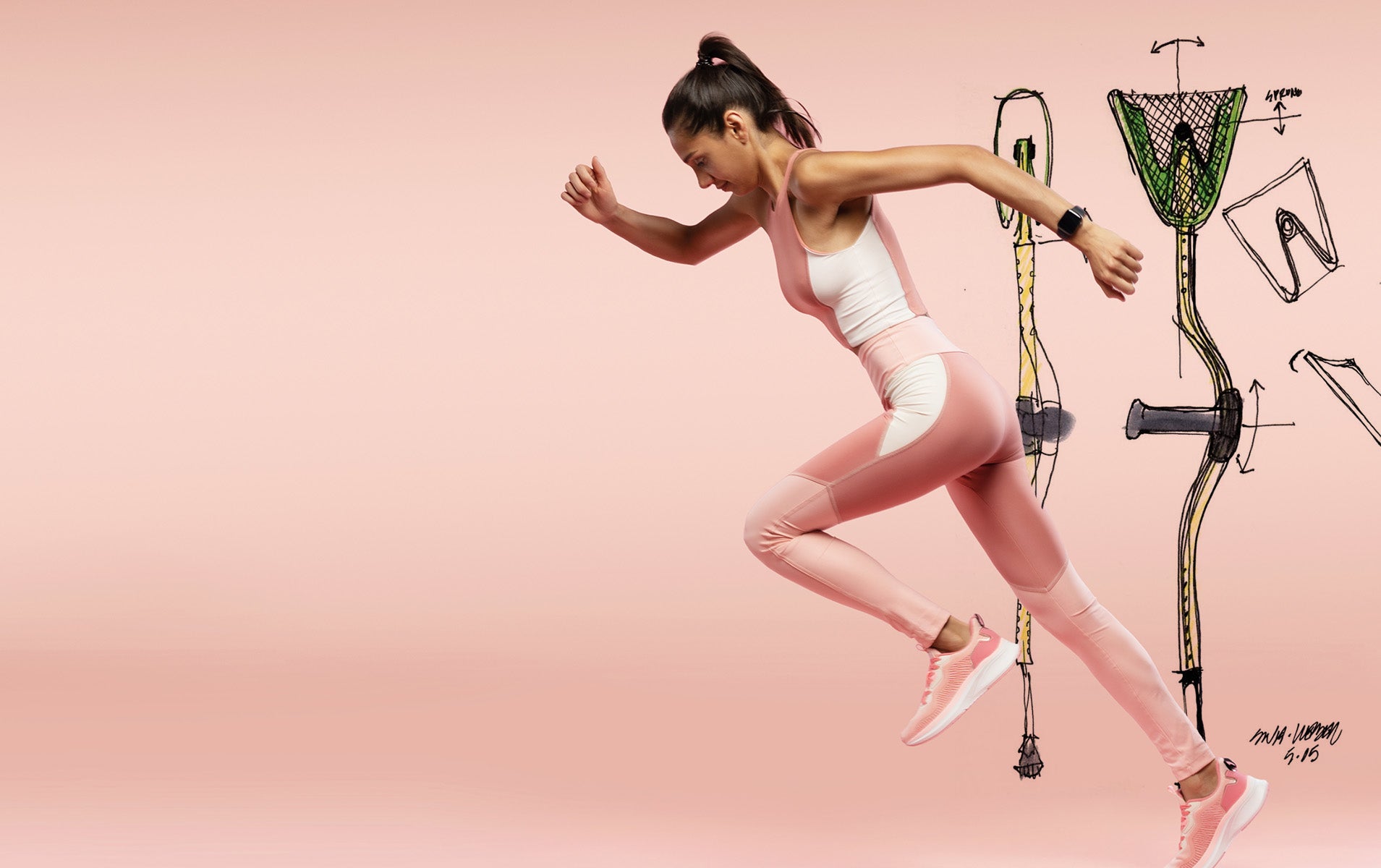 A collage of a woman running with mobilegs design sketch in the background.