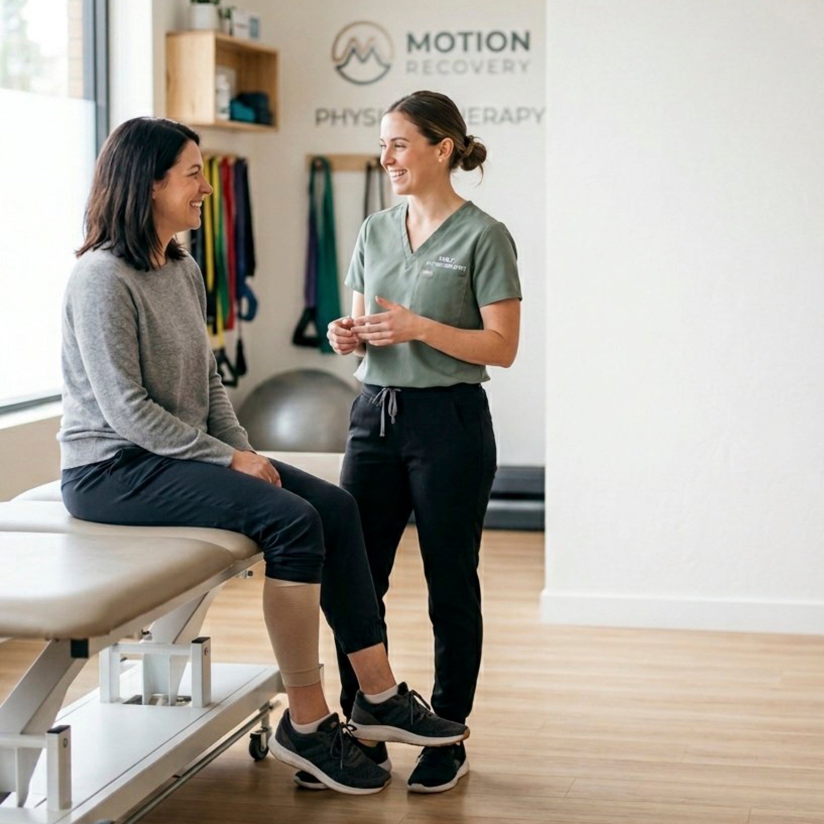 Physiotherapist talking with a recovering patient in a clinic
